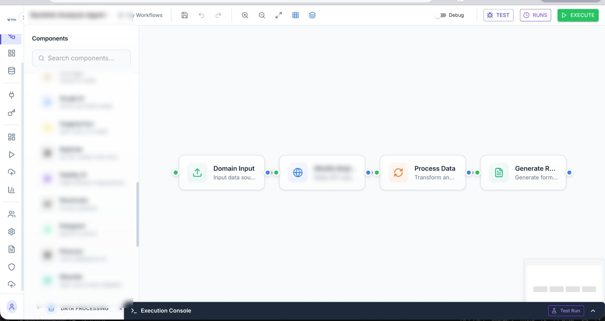 Vairity AUTOMATE visual builder — deterministic workflow canvas with bounded agent decision points and TEST / RUNS / EXECUTE controls