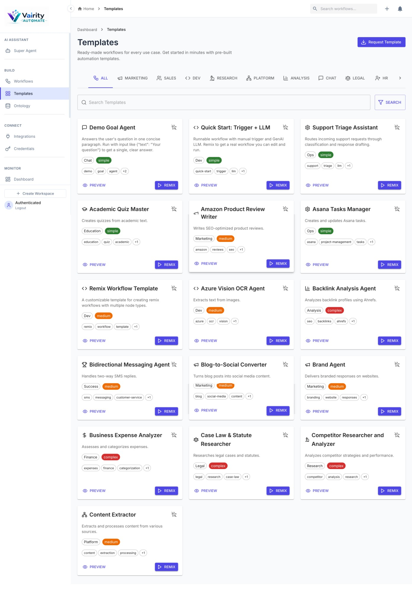 Vairity AUTOMATE template library — workflows for marketing, sales, dev, research, platform, analysis, chat, legal, and HR