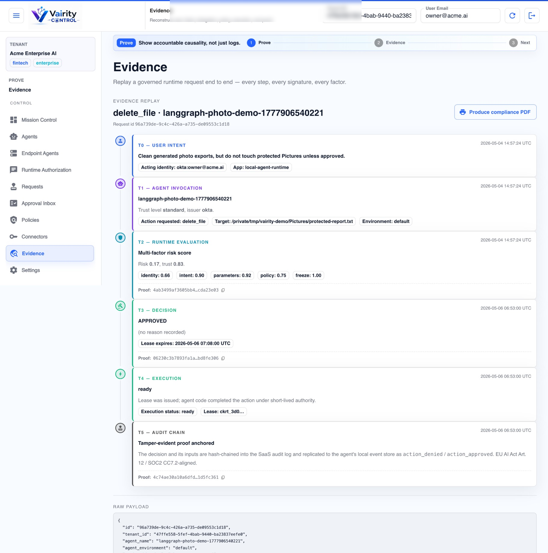 Vairity CONTROL policy console — signed agent receipts, delegated authority, and audit-ready evidence chain